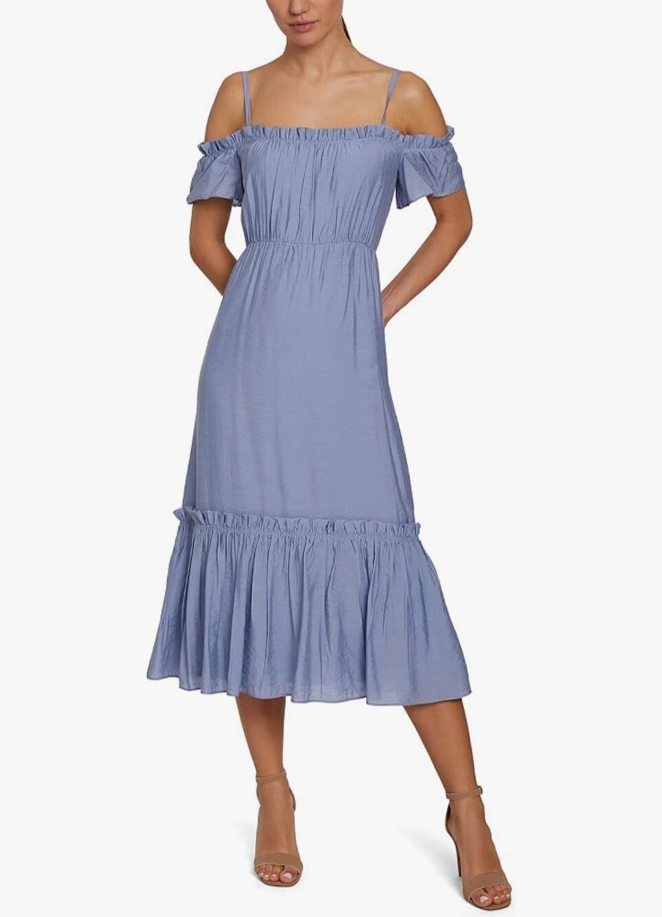 #217 MSRP $98 NWOT SAGE COLLECTIVE RUFFLE COLD SHOULDER MIDI DRESS BLUE ♡SIZE 4♡